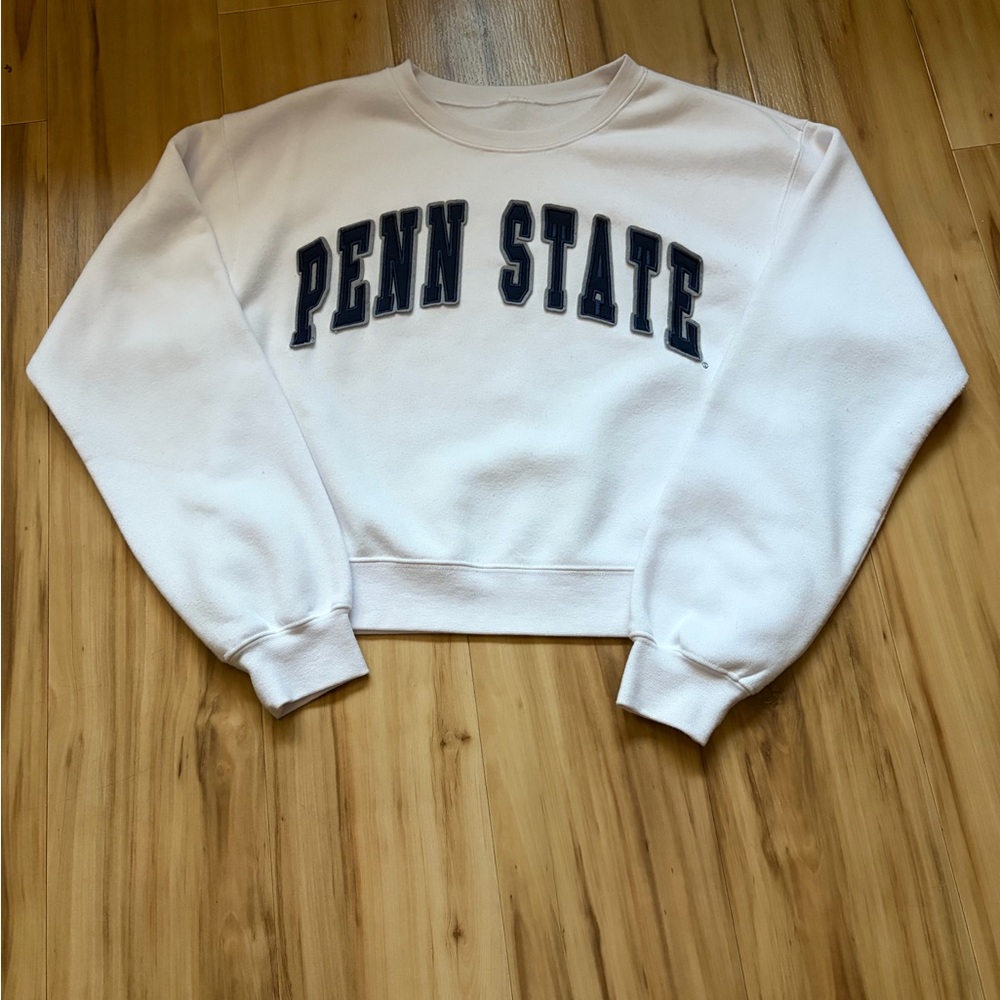 Penn State White Cropped Sweatshirt with Navy Applique